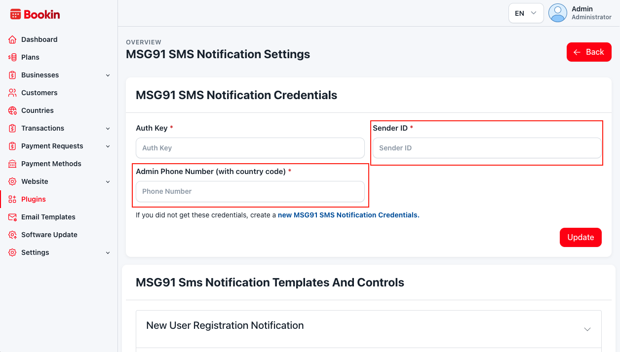 Paste Sender ID in Admin