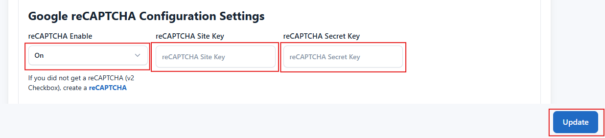 GoBiz admin panel Recaptcha settings
