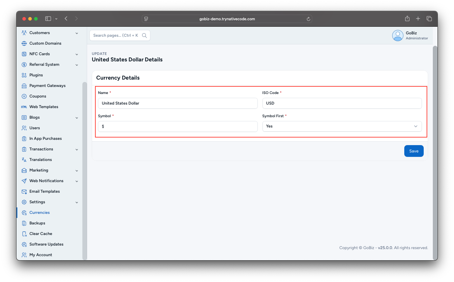Update Currency Details