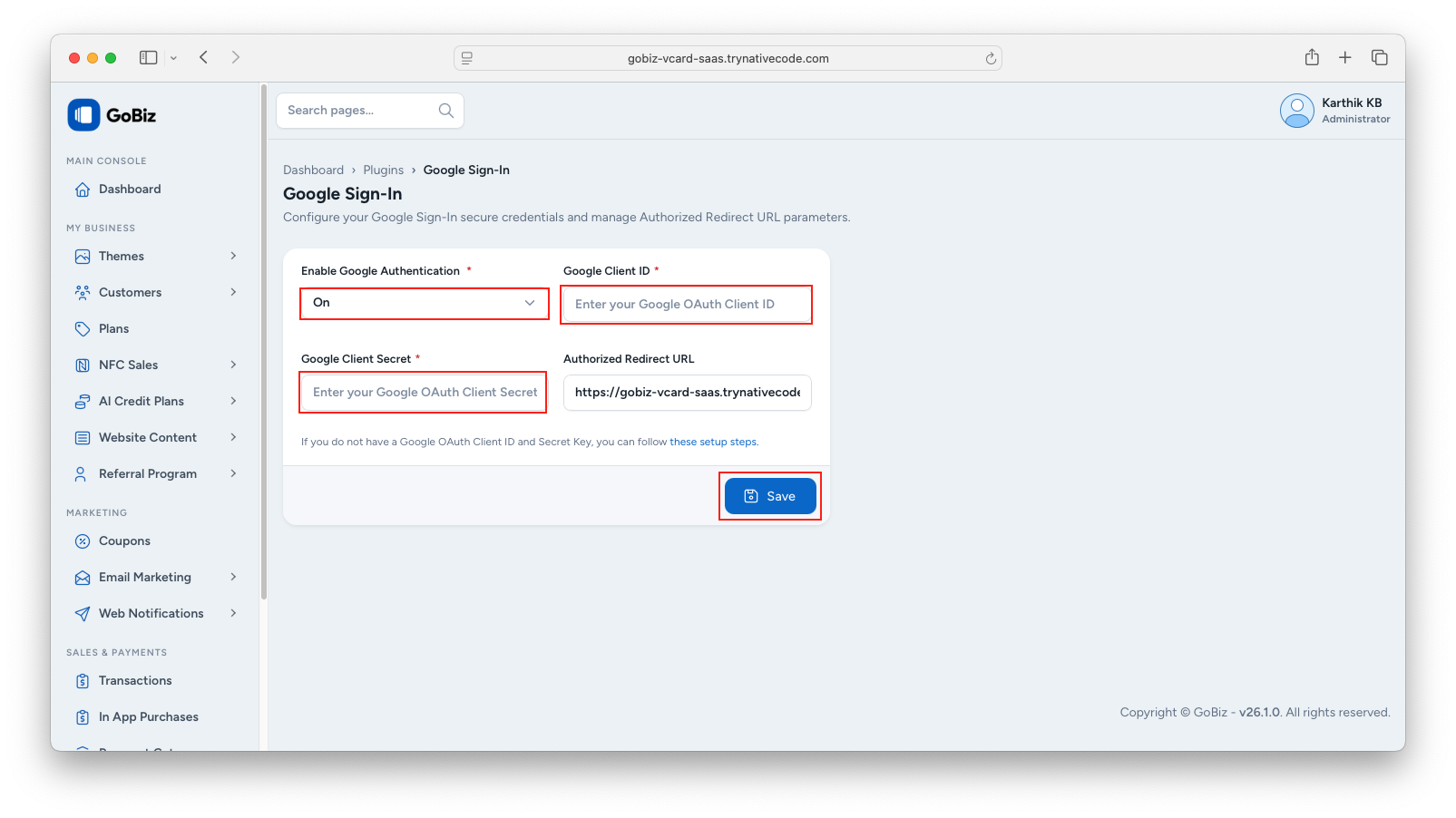 GoBiz Admin Panel Google Sign-In