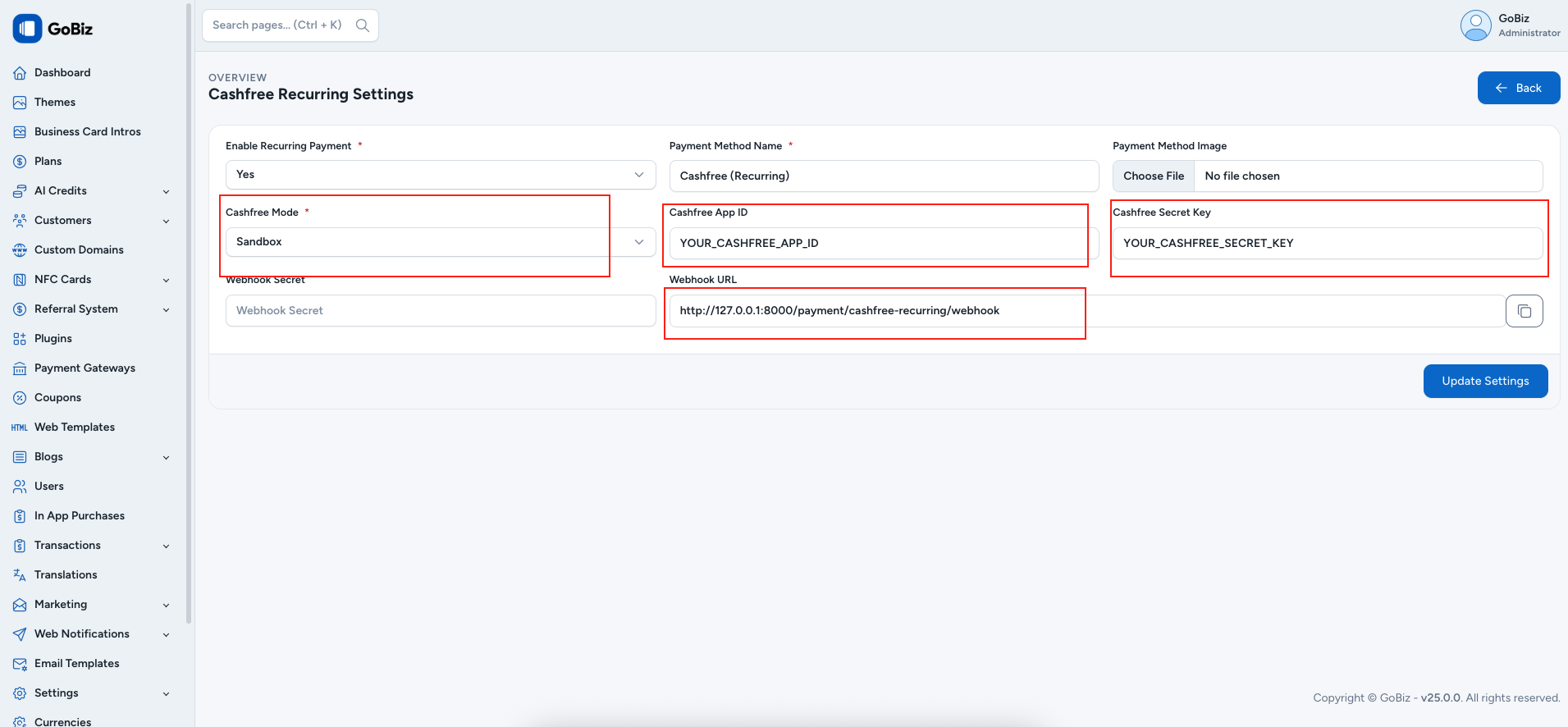 Cashfree configuration