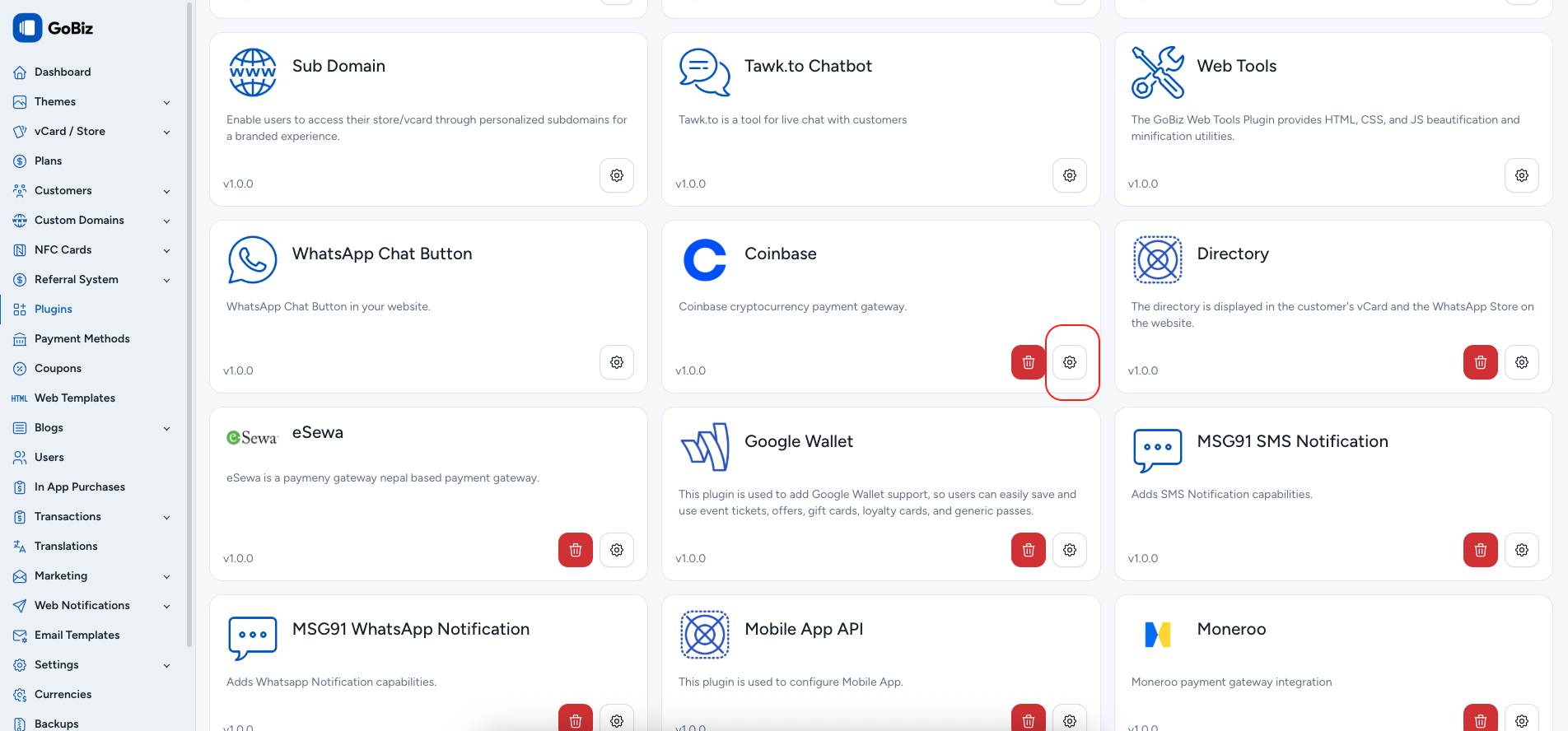coinbase plugin settings