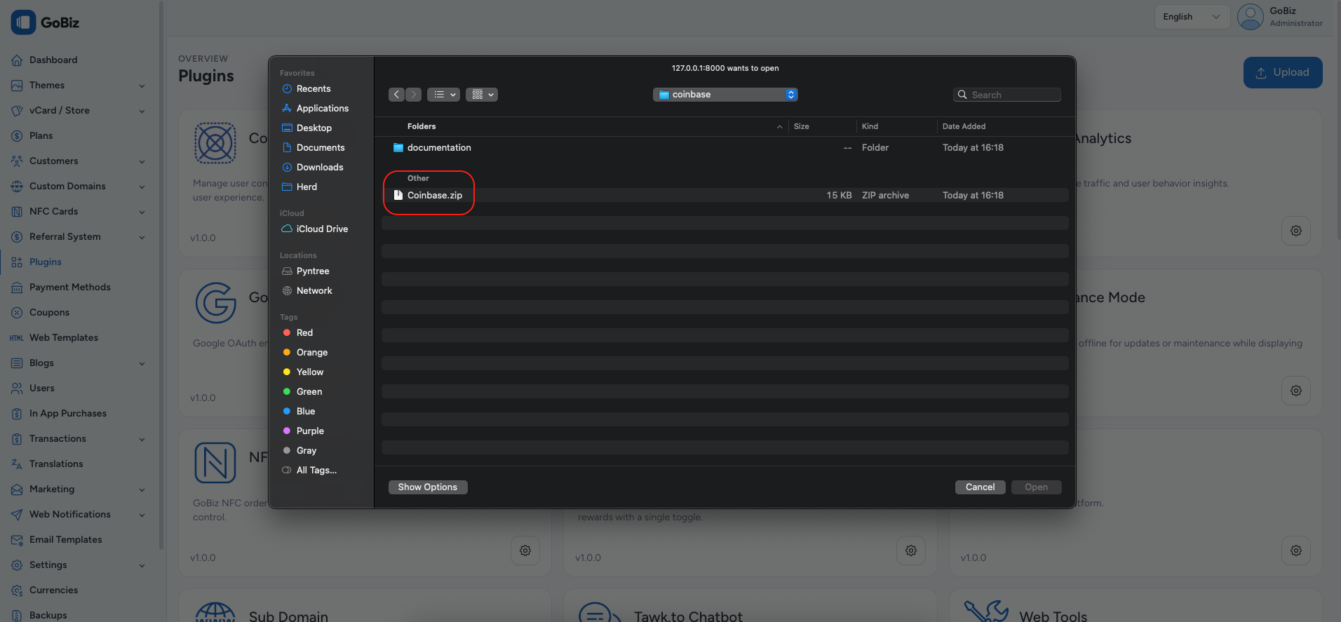 gobiz coinbase plugin installation