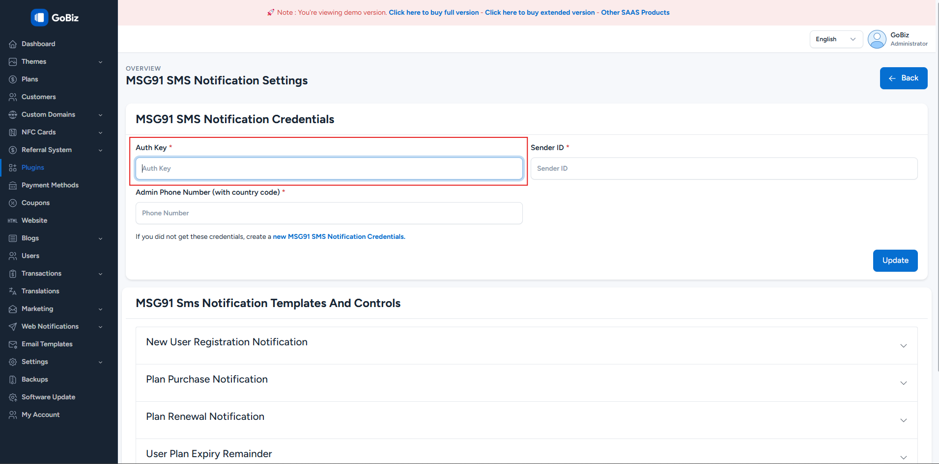 Paste Authkey in Admin