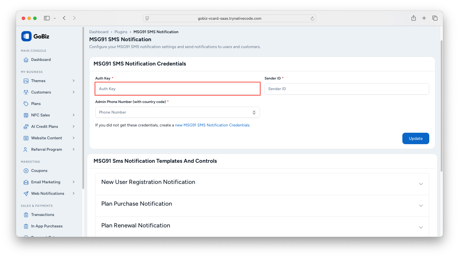 Paste Authkey in Admin