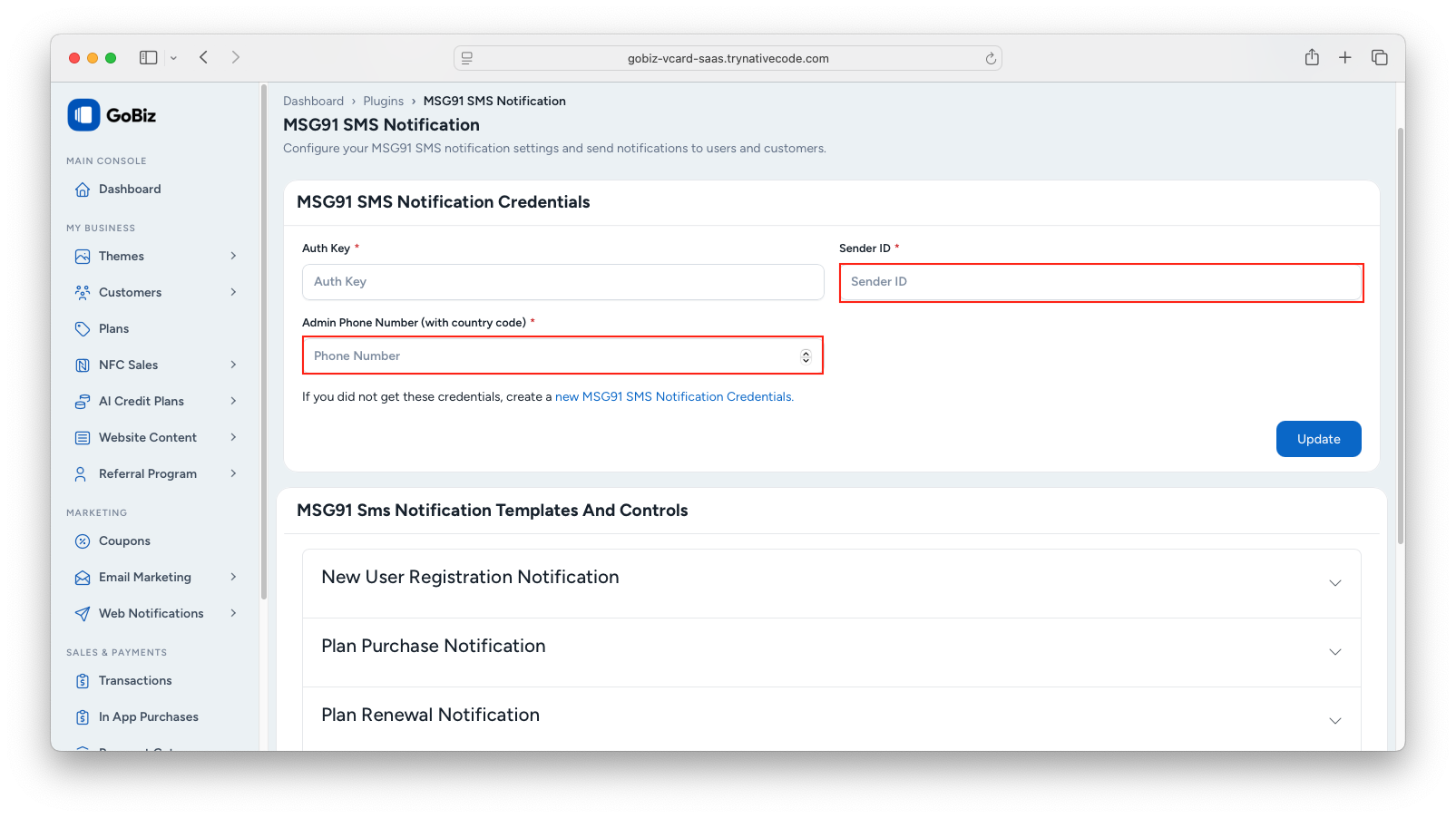 Paste Sender ID in Admin