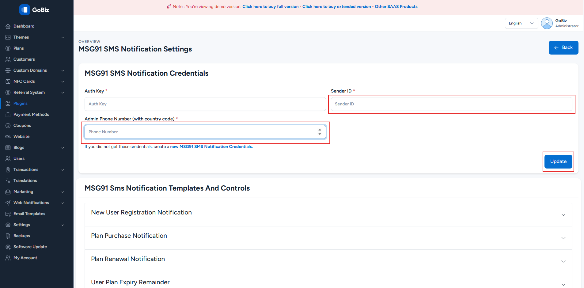 Paste Sender ID in Admin