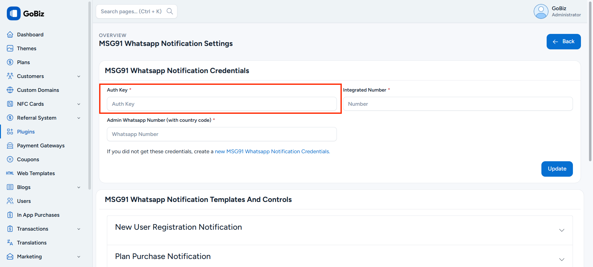 Paste Authkey in Admin