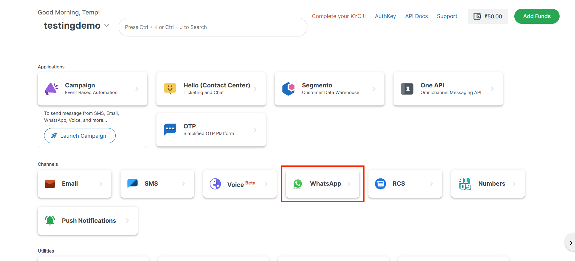 MSG91 Whatsapp Dashboard