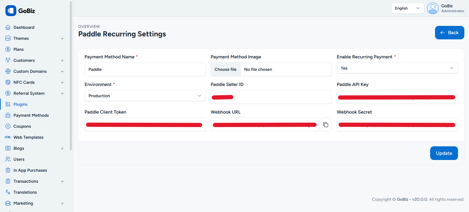 Paddle Recurring Plugin configuration