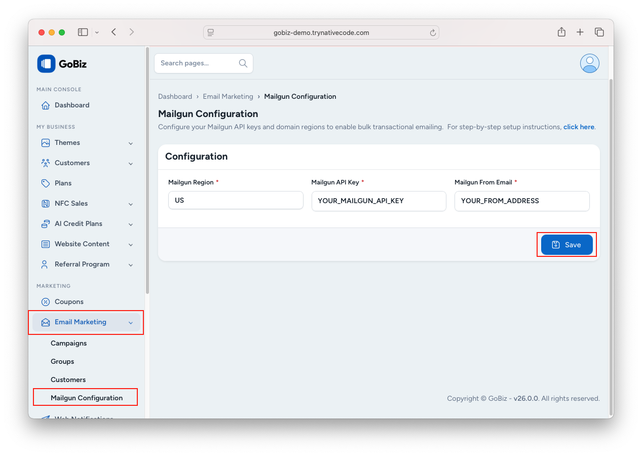 Mailgun Configuration in Admin Panel