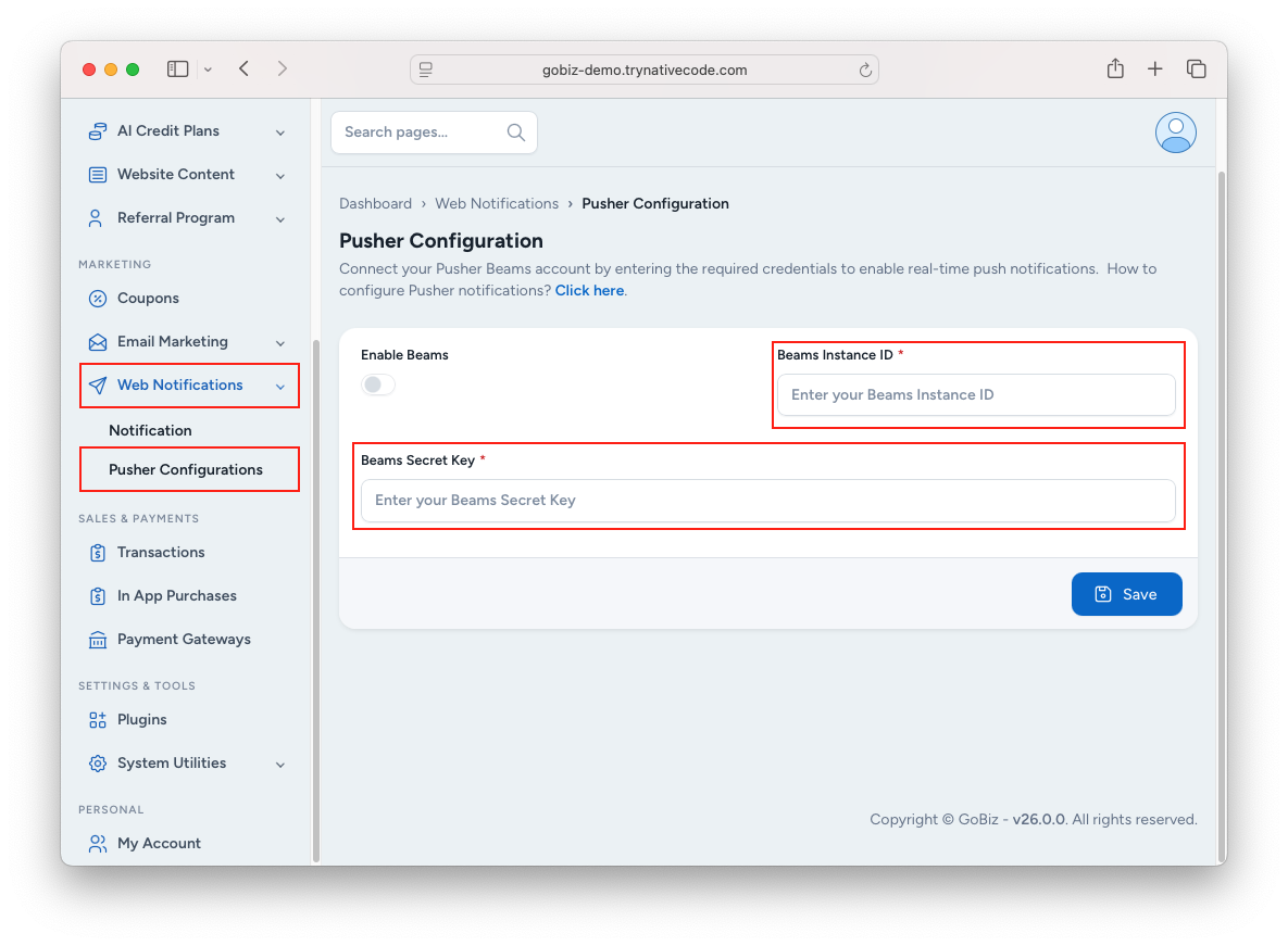 How to configure Pusher Beams in the GoBiz Admin Panel