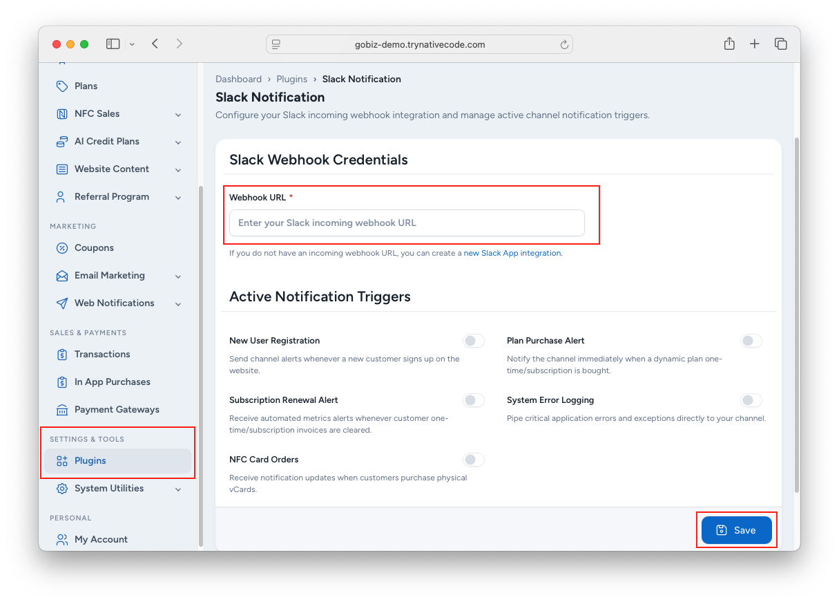 How to update Gobiz slack webhook url