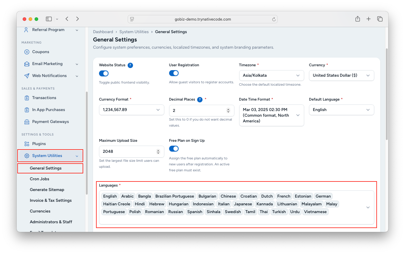 How to Remove languaes - GoBiz