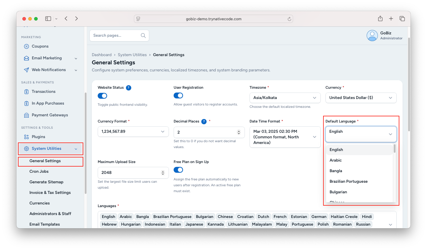 How to set Default Language - GoBiz