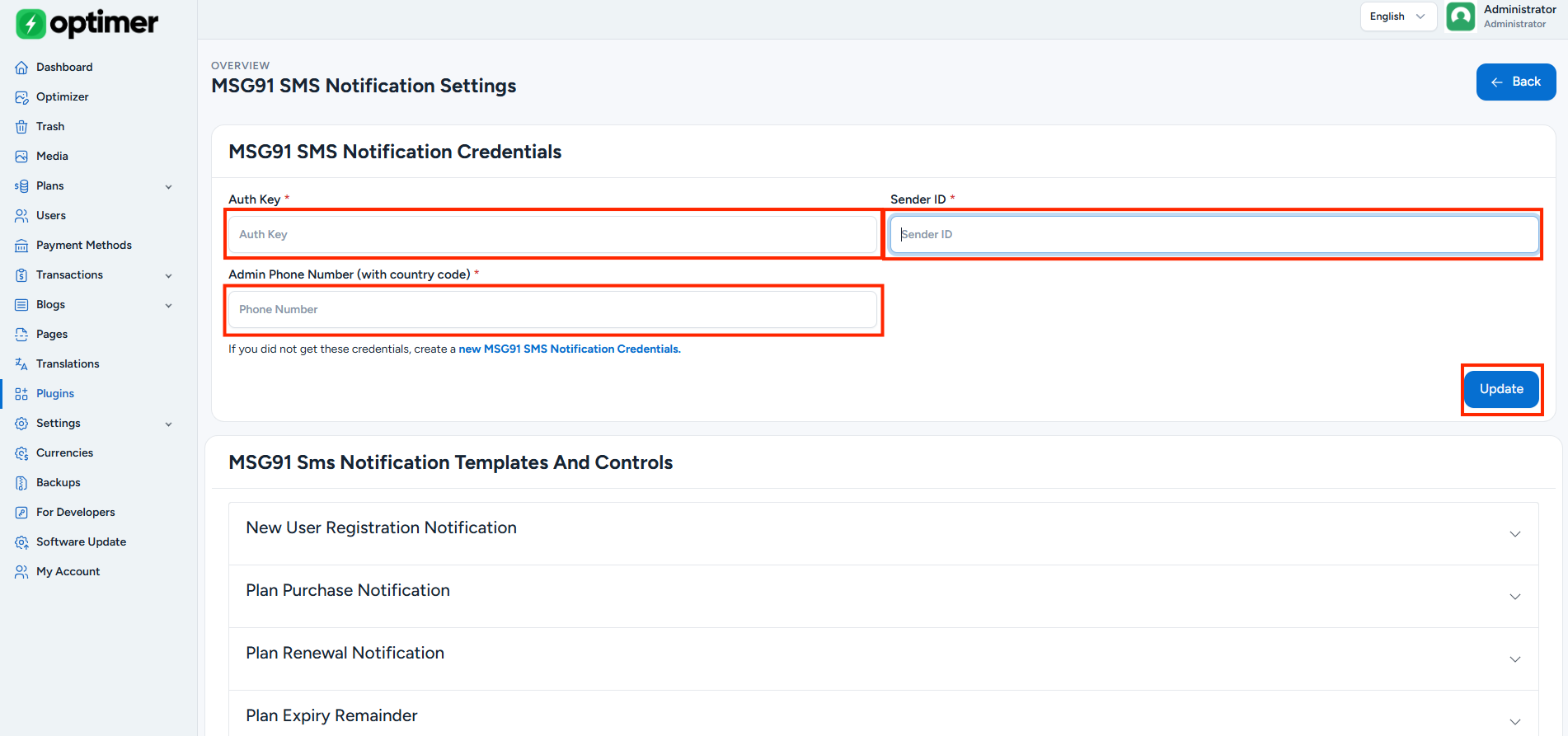 Paste Authkey in Admin