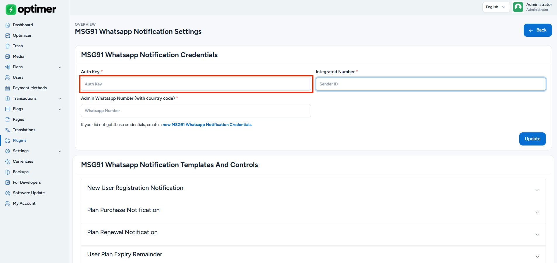 Paste Authkey in Admin