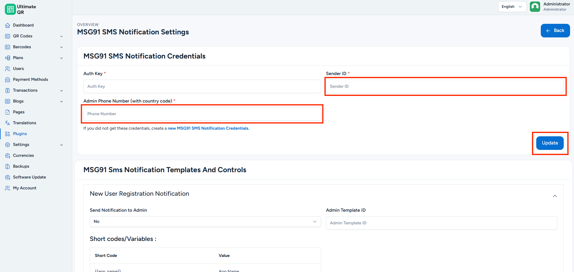 Paste Sender ID in Admin