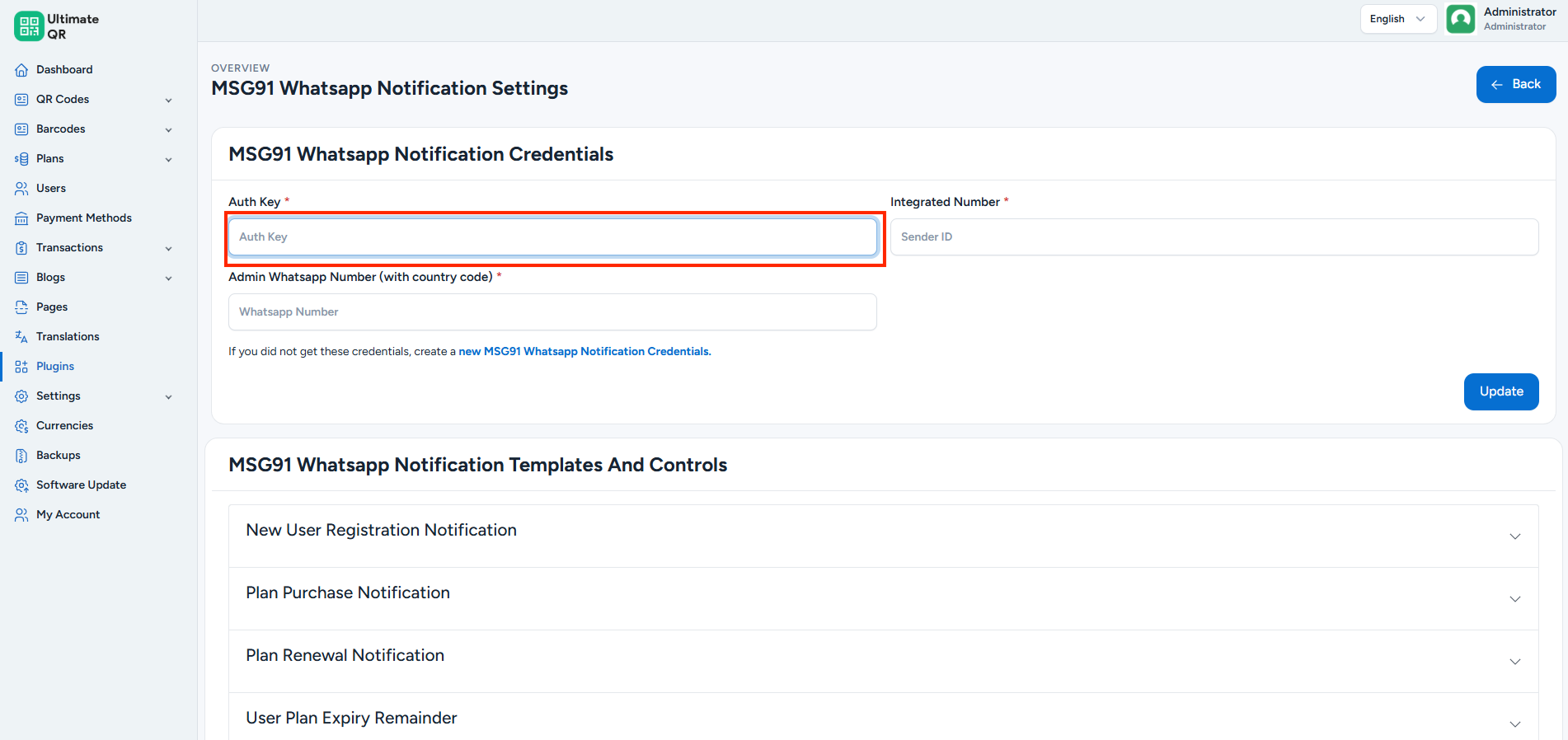 Paste Authkey in Admin